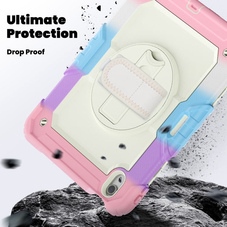 For iPad Air 11 2025 / 2024 Turntable Holder Silicone Hybrid PC Tablet Case with Shoulder Strap(Camouflage Pink)