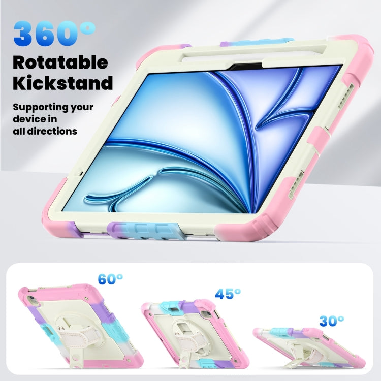 For iPad Air 11 2025 / 2024 Turntable Holder Silicone Hybrid PC Tablet Case with Shoulder Strap(Camouflage Pink)