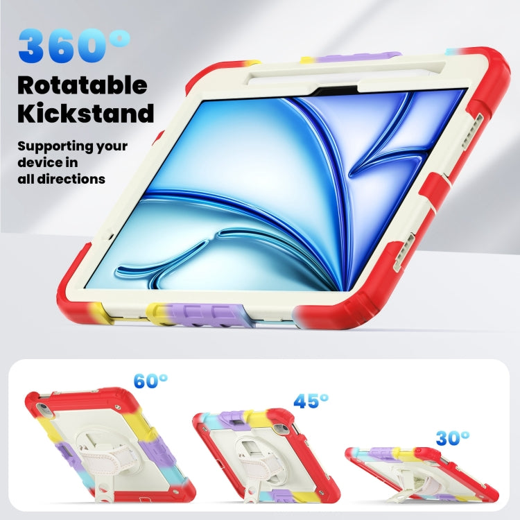 For iPad Air 11 2025 / 2024 Turntable Holder Silicone Hybrid PC Tablet Case with Shoulder Strap(Camouflage Red)