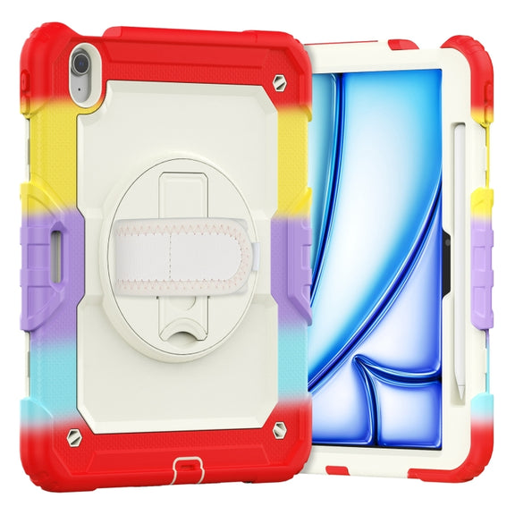 For iPad Air 11 2025 / 2024 Turntable Holder Silicone Hybrid PC Tablet Case with Shoulder Strap(Camouflage Red)