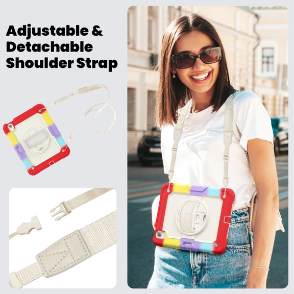 For iPad Air 11 2025 / 2024 Turntable Holder Silicone Hybrid PC Tablet Case with Shoulder Strap(Camouflage Red)