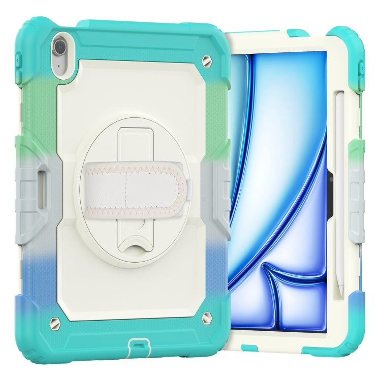 For iPad Air 11 2025 / 2024 Turntable Holder Silicone Hybrid PC Tablet Case with Shoulder Strap(Camouflage Light Blue)