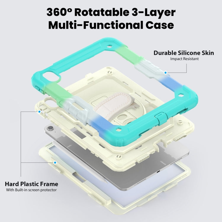 For iPad Air 11 2025 / 2024 Turntable Holder Silicone Hybrid PC Tablet Case with Shoulder Strap(Camouflage Light Blue)