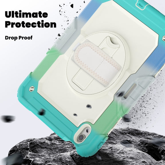 For iPad Air 11 2025 / 2024 Turntable Holder Silicone Hybrid PC Tablet Case with Shoulder Strap(Camouflage Light Blue)