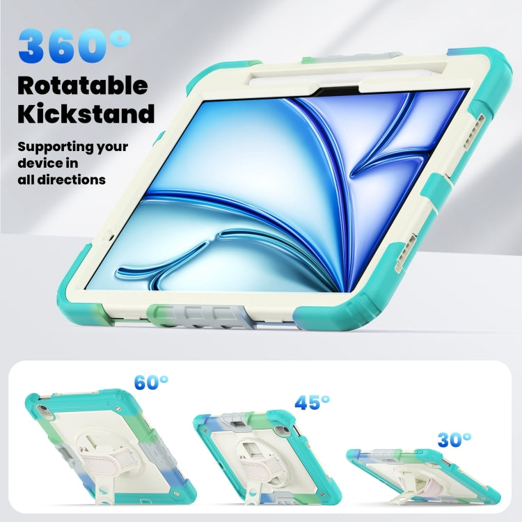 For iPad Air 11 2025 / 2024 Turntable Holder Silicone Hybrid PC Tablet Case with Shoulder Strap(Camouflage Light Blue)