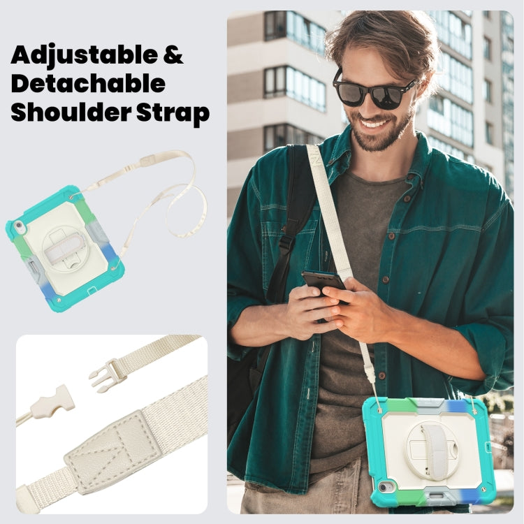 For iPad Air 11 2025 / 2024 Turntable Holder Silicone Hybrid PC Tablet Case with Shoulder Strap(Camouflage Light Blue)