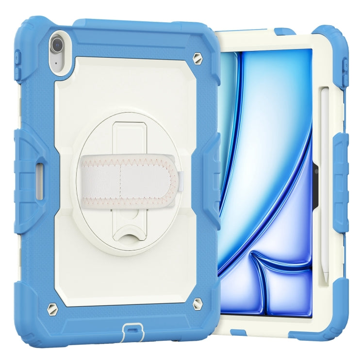 For iPad Air 11 2025 / 2024 Turntable Holder Silicone Hybrid PC Tablet Case with Shoulder Strap(Beige + Cyan-blue)