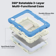 For iPad Air 11 2025 / 2024 Turntable Holder Silicone Hybrid PC Tablet Case with Shoulder Strap(Beige + Cyan-blue)