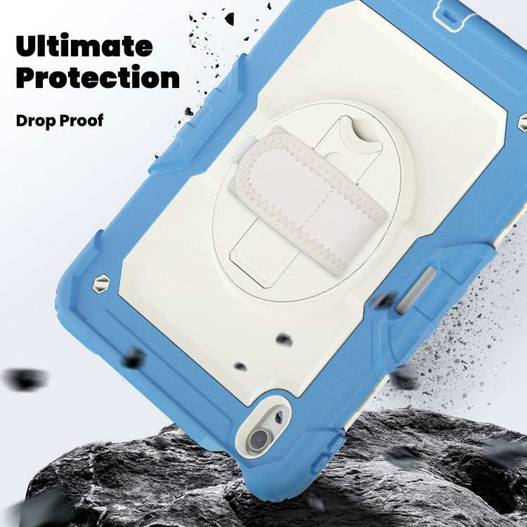 For iPad Air 11 2025 / 2024 Turntable Holder Silicone Hybrid PC Tablet Case with Shoulder Strap(Beige + Cyan-blue)