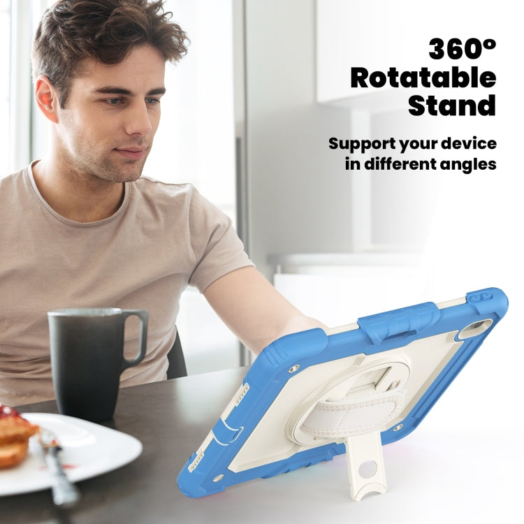 For iPad Air 11 2025 / 2024 Turntable Holder Silicone Hybrid PC Tablet Case with Shoulder Strap(Beige + Cyan-blue)