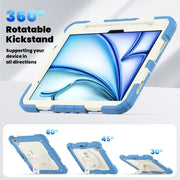 For iPad Air 11 2025 / 2024 Turntable Holder Silicone Hybrid PC Tablet Case with Shoulder Strap(Beige + Cyan-blue)