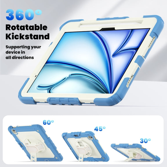 For iPad Air 11 2025 / 2024 Turntable Holder Silicone Hybrid PC Tablet Case with Shoulder Strap(Beige + Cyan-blue)