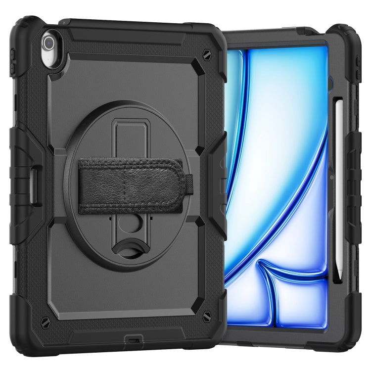 For iPad Air 13 2025 / 2024 Turntable Holder Silicone Hybrid PC Tablet Case with Shoulder Strap(Black)
