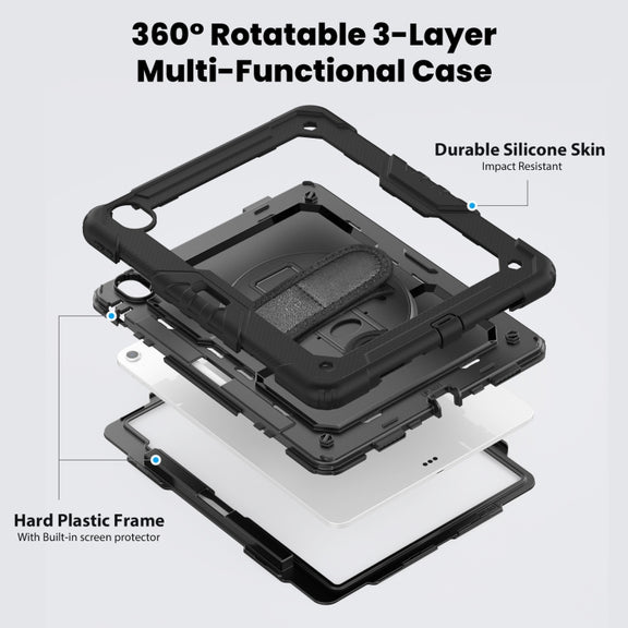 For iPad Air 13 2025 / 2024 Turntable Holder Silicone Hybrid PC Tablet Case with Shoulder Strap(Black)
