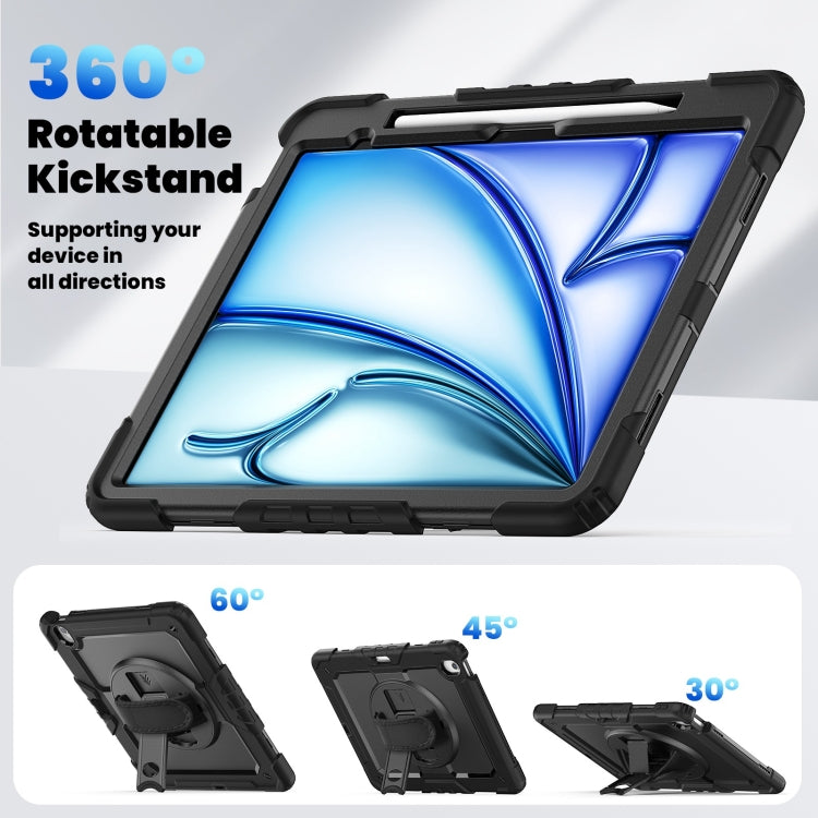For iPad Air 13 2025 / 2024 Turntable Holder Silicone Hybrid PC Tablet Case with Shoulder Strap(Black)