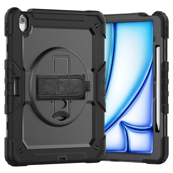 For iPad Air 13 2025 / 2024 Turntable Holder Silicone Hybrid PC Tablet Case with Shoulder Strap(Black)