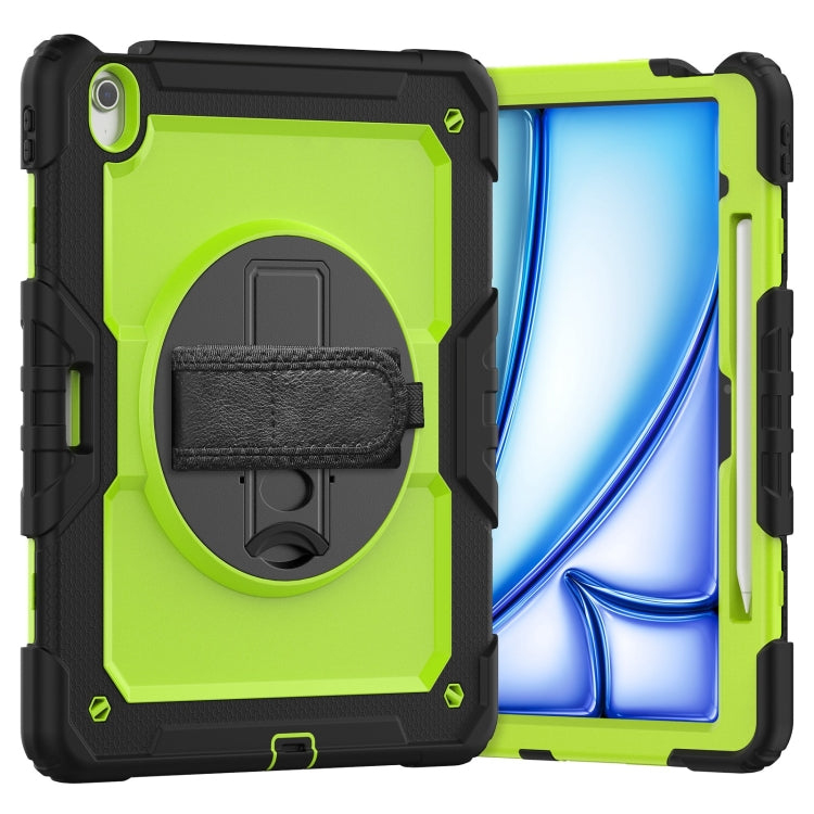 For iPad Air 13 2025 / 2024 Turntable Holder Silicone Hybrid PC Tablet Case with Shoulder Strap(Yellow Green + Black)