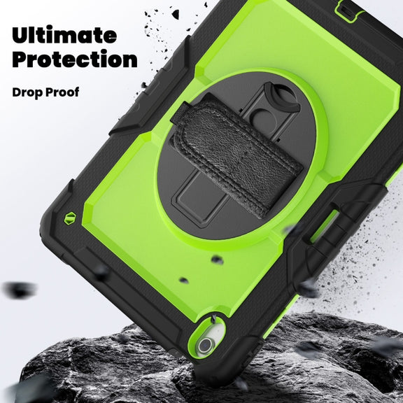 For iPad Air 13 2025 / 2024 Turntable Holder Silicone Hybrid PC Tablet Case with Shoulder Strap(Yellow Green + Black)