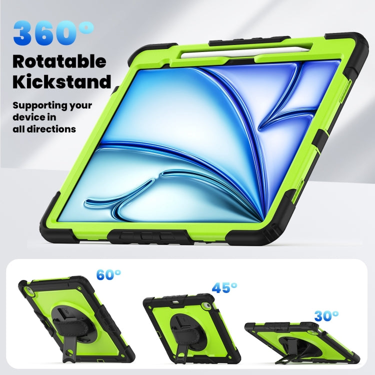 For iPad Air 13 2025 / 2024 Turntable Holder Silicone Hybrid PC Tablet Case with Shoulder Strap(Yellow Green + Black)