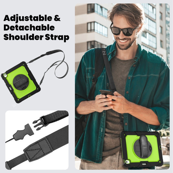 For iPad Air 13 2025 / 2024 Turntable Holder Silicone Hybrid PC Tablet Case with Shoulder Strap(Yellow Green + Black)