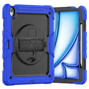For iPad Air 13 2025 / 2024 Turntable Holder Silicone Hybrid PC Tablet Case with Shoulder Strap(Black + Dark Blue)