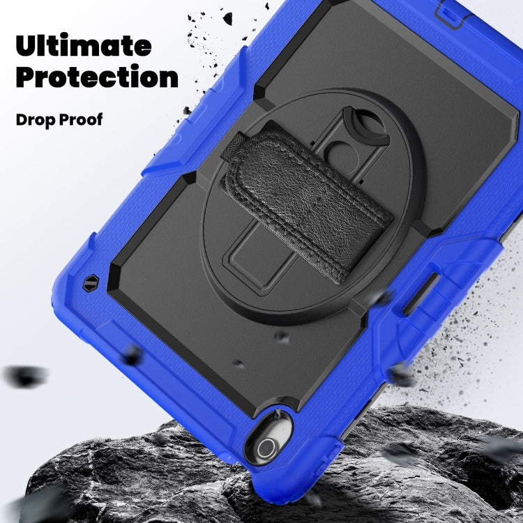 For iPad Air 13 2025 / 2024 Turntable Holder Silicone Hybrid PC Tablet Case with Shoulder Strap(Black + Dark Blue)