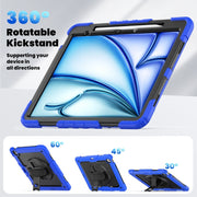 For iPad Air 13 2025 / 2024 Turntable Holder Silicone Hybrid PC Tablet Case with Shoulder Strap(Black + Dark Blue)