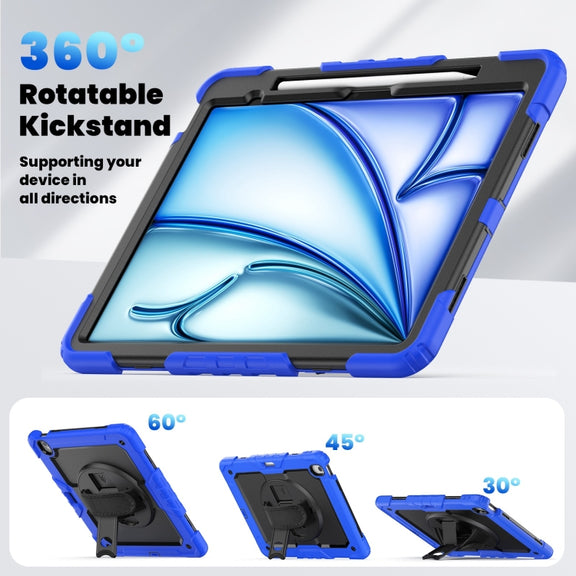 For iPad Air 13 2025 / 2024 Turntable Holder Silicone Hybrid PC Tablet Case with Shoulder Strap(Black + Dark Blue)