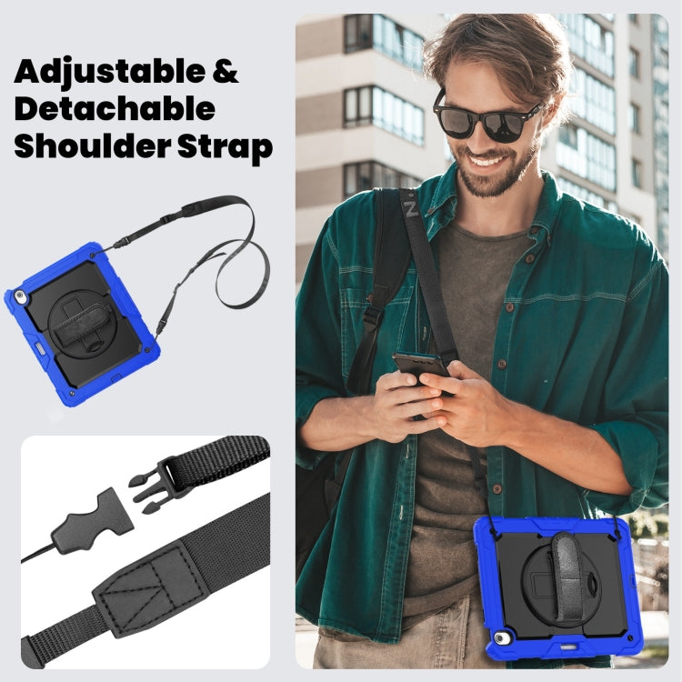 For iPad Air 13 2025 / 2024 Turntable Holder Silicone Hybrid PC Tablet Case with Shoulder Strap(Black + Dark Blue)