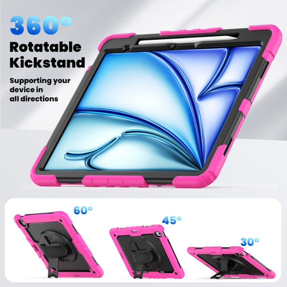For iPad Air 13 2024 Silicone Hybrid PC Tablet Case with Shoulder Strap(Black + Rose Red)