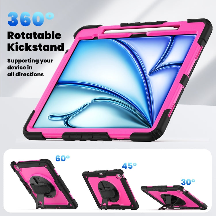 For iPad Air 13 2024 Silicone Hybrid PC Tablet Case with Shoulder Strap(Rose Red + Black)