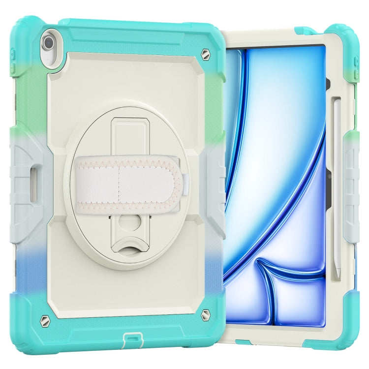 For iPad Air 13 2025 / 2024 Turntable Holder Silicone Hybrid PC Tablet Case with Shoulder Strap(Camouflage Light Blue)