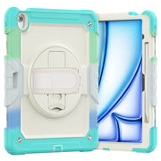 For iPad Air 13 2025 / 2024 Turntable Holder Silicone Hybrid PC Tablet Case with Shoulder Strap(Camouflage Light Blue)