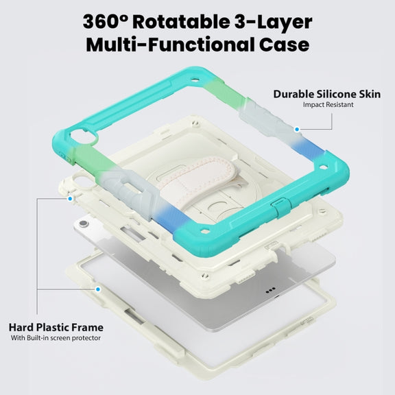 For iPad Air 13 2025 / 2024 Turntable Holder Silicone Hybrid PC Tablet Case with Shoulder Strap(Camouflage Light Blue)