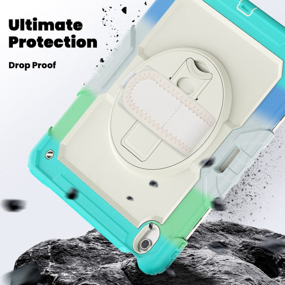 For iPad Air 13 2025 / 2024 Turntable Holder Silicone Hybrid PC Tablet Case with Shoulder Strap(Camouflage Light Blue)