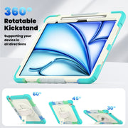 For iPad Air 13 2025 / 2024 Turntable Holder Silicone Hybrid PC Tablet Case with Shoulder Strap(Camouflage Light Blue)