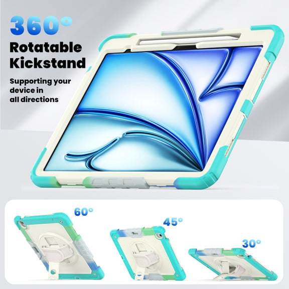 For iPad Air 13 2025 / 2024 Turntable Holder Silicone Hybrid PC Tablet Case with Shoulder Strap(Camouflage Light Blue)