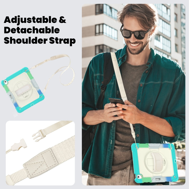 For iPad Air 13 2025 / 2024 Turntable Holder Silicone Hybrid PC Tablet Case with Shoulder Strap(Camouflage Light Blue)