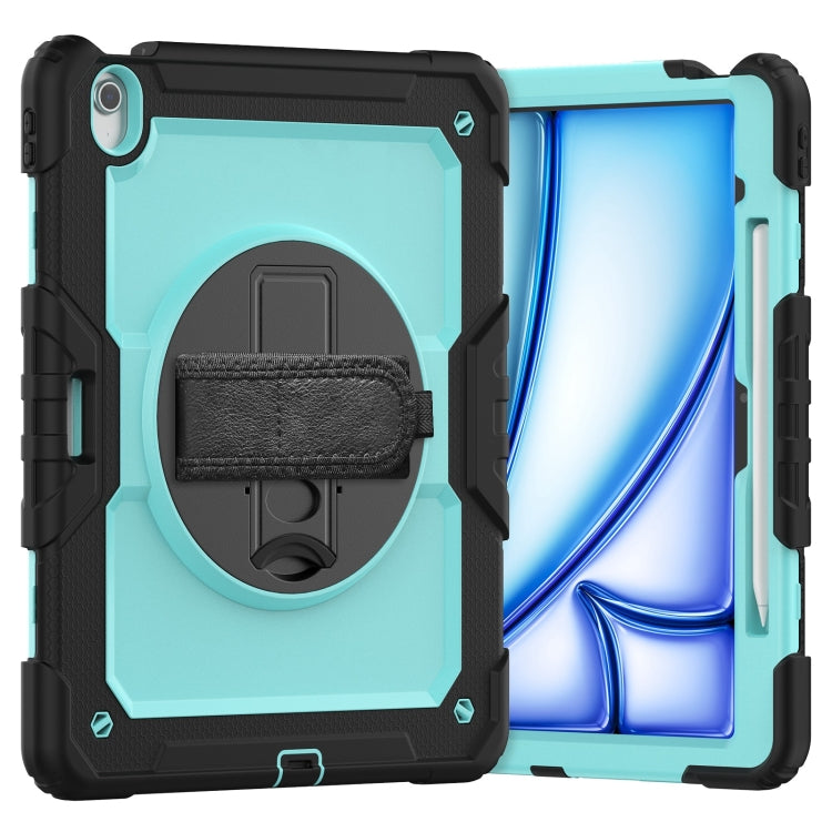 For iPad Air 13 2025 / 2024 Turntable Holder Silicone Hybrid PC Tablet Case with Shoulder Strap(Light Blue + Black)