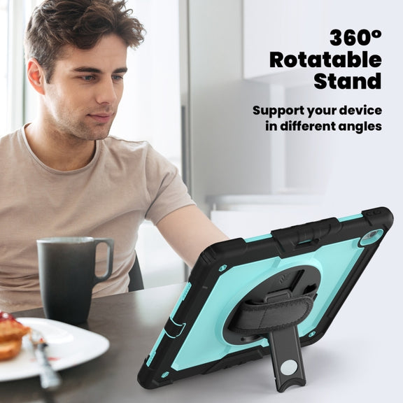 For iPad Air 13 2025 / 2024 Turntable Holder Silicone Hybrid PC Tablet Case with Shoulder Strap(Light Blue + Black)