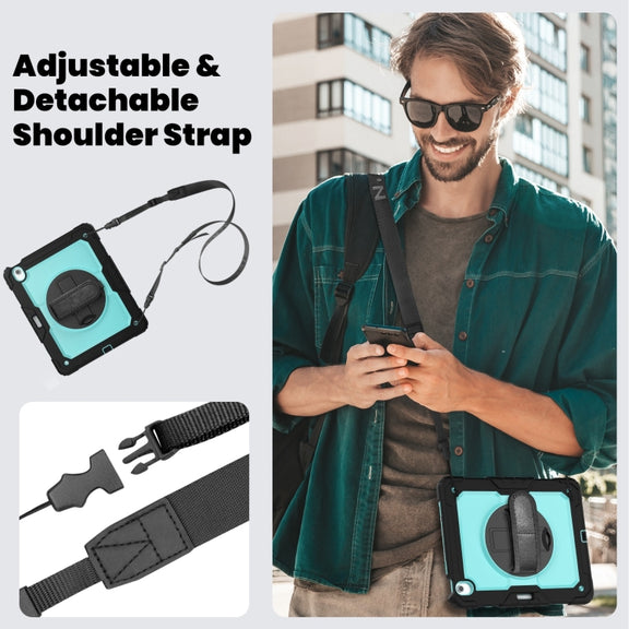 For iPad Air 13 2025 / 2024 Turntable Holder Silicone Hybrid PC Tablet Case with Shoulder Strap(Light Blue + Black)