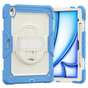For iPad Air 13 2025 / 2024 Turntable Holder Silicone Hybrid PC Tablet Case with Shoulder Strap(Beige + Cyan-blue)