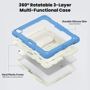 For iPad Air 13 2025 / 2024 Turntable Holder Silicone Hybrid PC Tablet Case with Shoulder Strap(Beige + Cyan-blue)