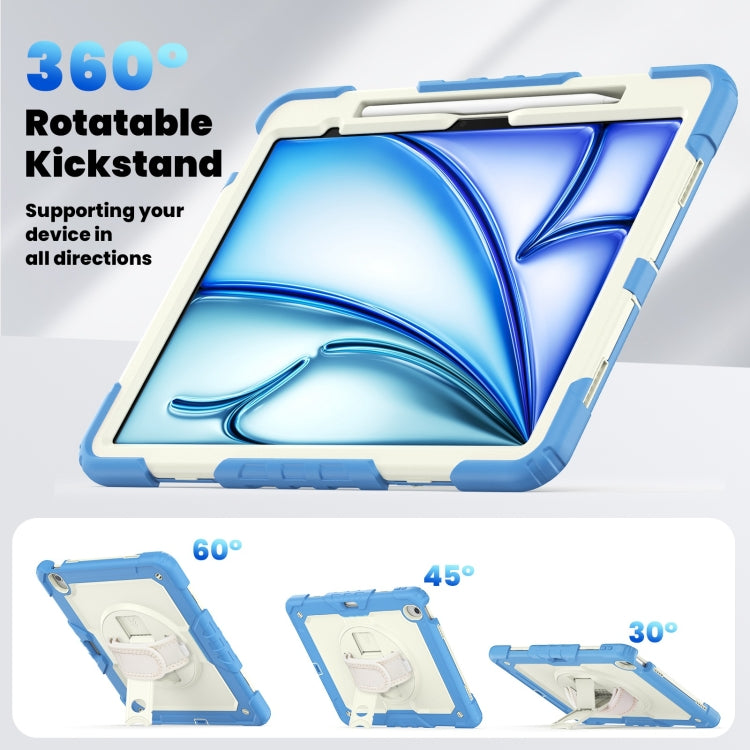 For iPad Air 13 2025 / 2024 Turntable Holder Silicone Hybrid PC Tablet Case with Shoulder Strap(Beige + Cyan-blue)