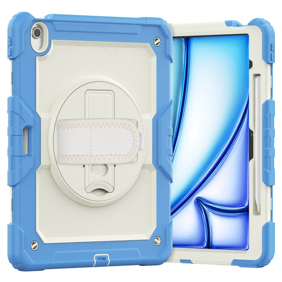 For iPad Air 13 2025 / 2024 Turntable Holder Silicone Hybrid PC Tablet Case with Shoulder Strap(Beige + Cyan-blue)