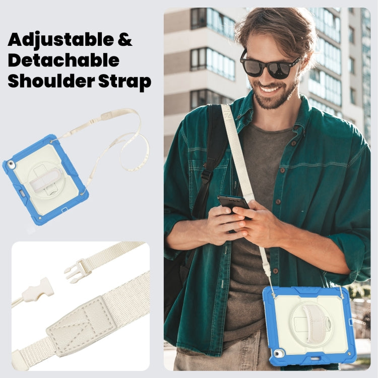 For iPad Air 13 2025 / 2024 Turntable Holder Silicone Hybrid PC Tablet Case with Shoulder Strap(Beige + Cyan-blue)