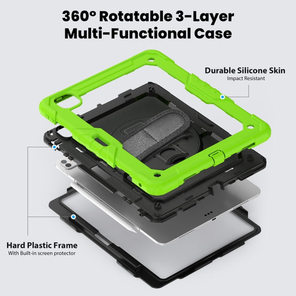 For iPad Pro 13 2024 Silicone Hybrid PC Tablet Case with Shoulder Strap(Black + Yellow Green)