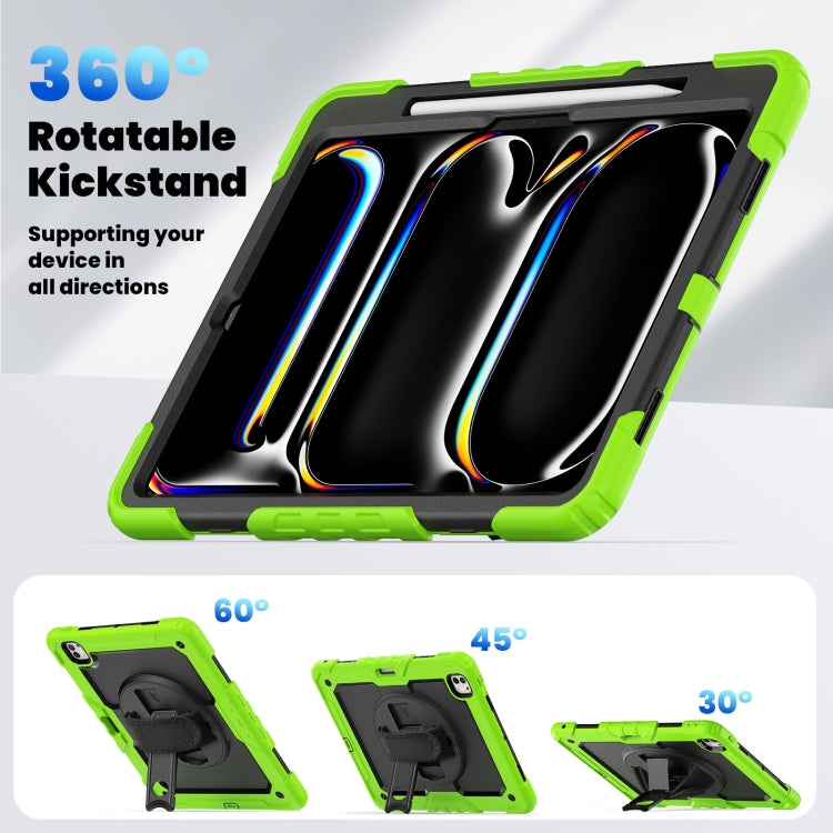 For iPad Pro 13 2024 Silicone Hybrid PC Tablet Case with Shoulder Strap(Black + Yellow Green)