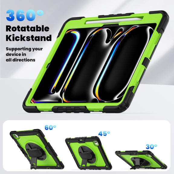 For iPad Pro 13 2024 Silicone Hybrid PC Tablet Case with Shoulder Strap(Yellow Green + Black)