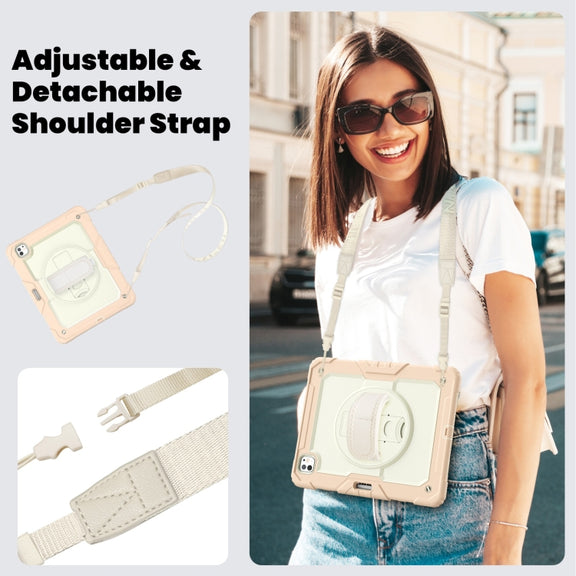 For iPad Pro 13 2024 Silicone Hybrid PC Tablet Case with Shoulder Strap(Beige + Rose Gold)